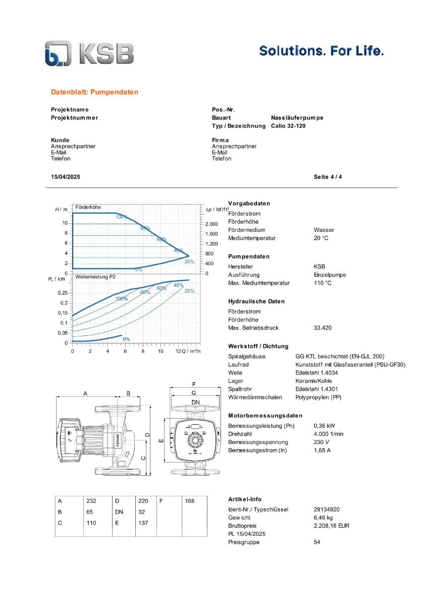 KSB Calio 32-120 Nassläuferpumpe 1x230V 220 mm PK25/220