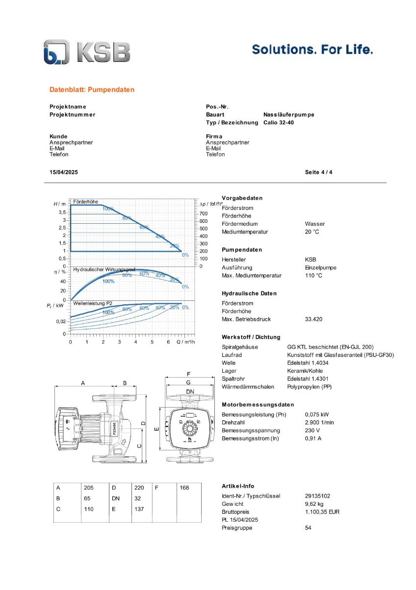 KSB Calio 32-40 Nassläuferpumpe 1x230V 220 mm PK25/216