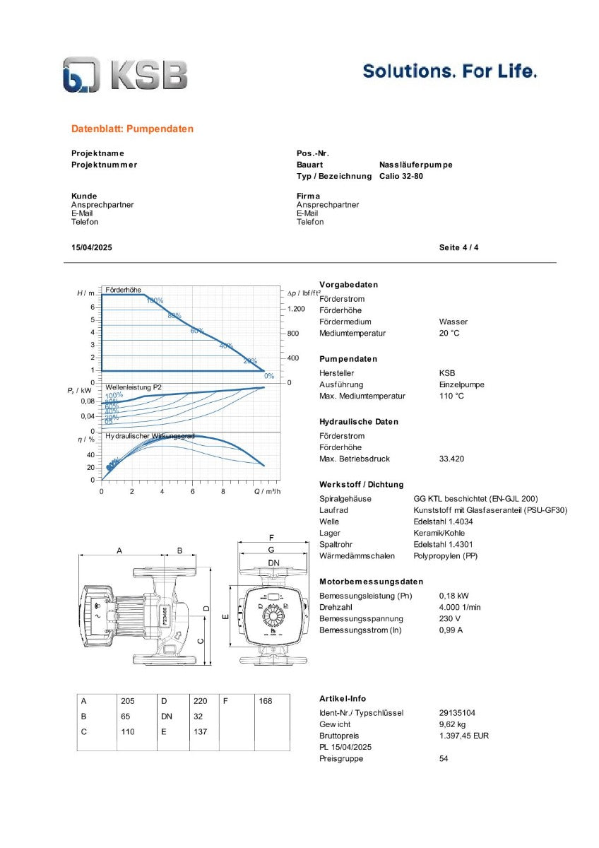 KSB Calio 32-80 Nassläuferpumpe 1x230V 220 mm PK25/218