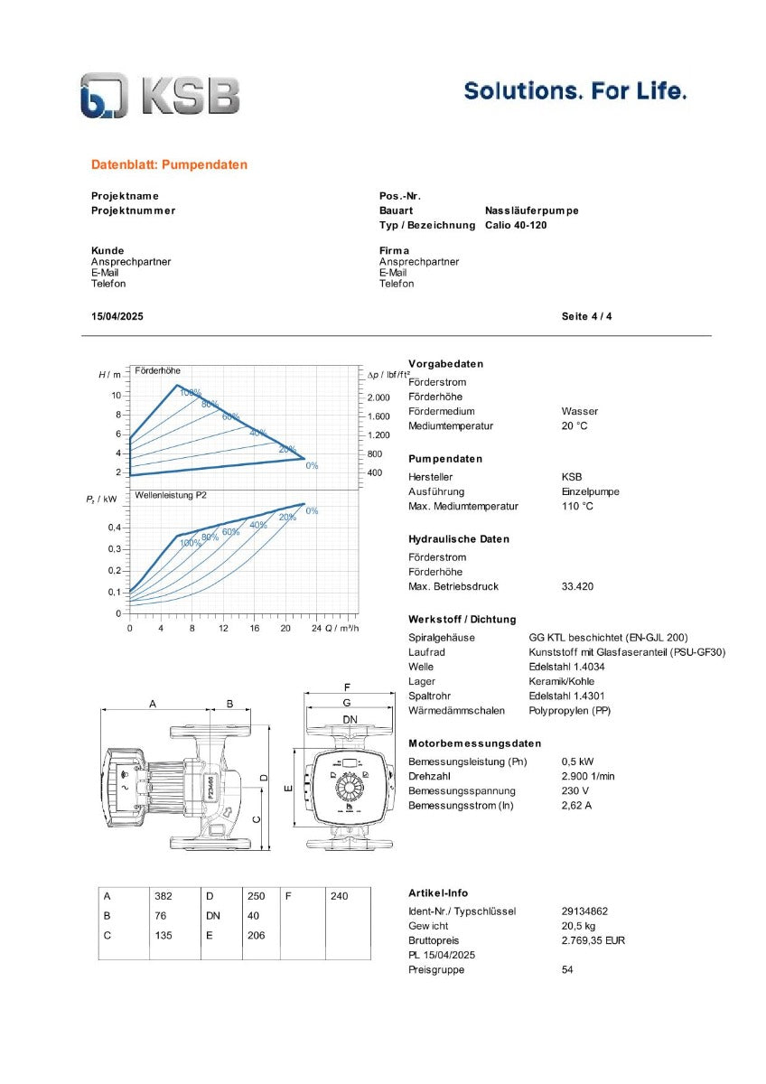 KSB Calio 40-120 Nassläuferpumpe 1x230V 250 mm PK25/225
