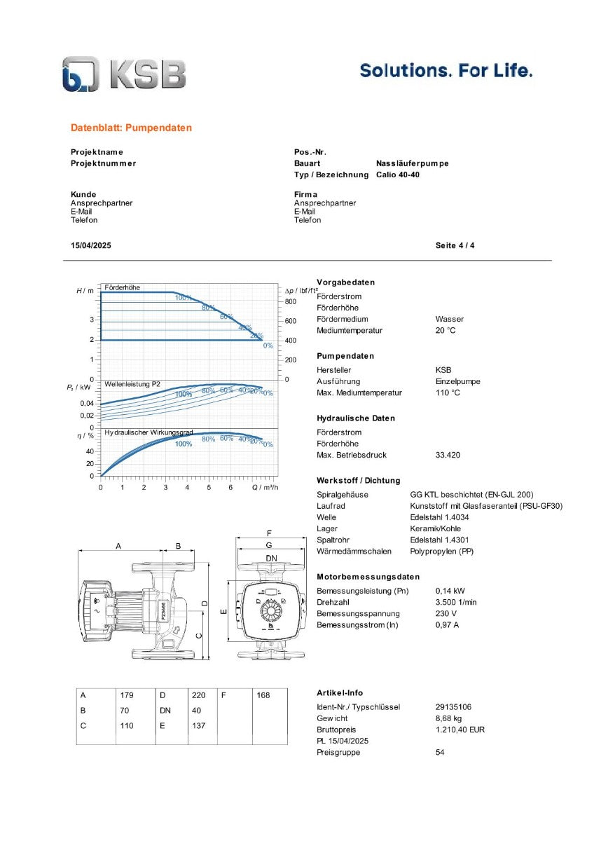 KSB Calio 40-40 Nassläuferpumpe 1x230V 220 mm PK25/221