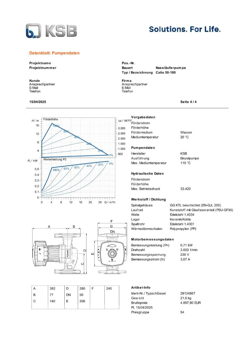 KSB Calio 50-180 Nassläuferpumpe 1x230V 280 mm PK25/233