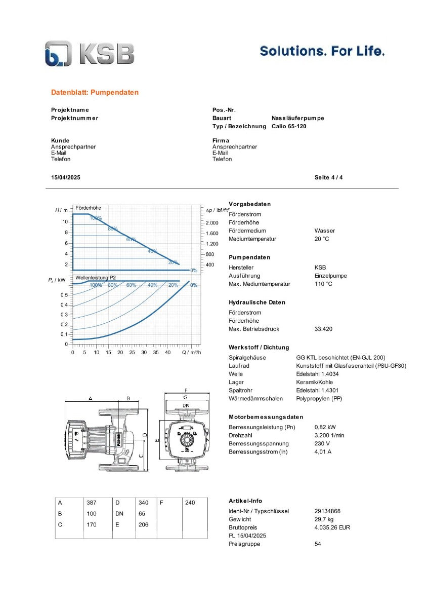 KSB Calio 65-120 Nassläuferpumpe 1x230V 340 mm PK25/235