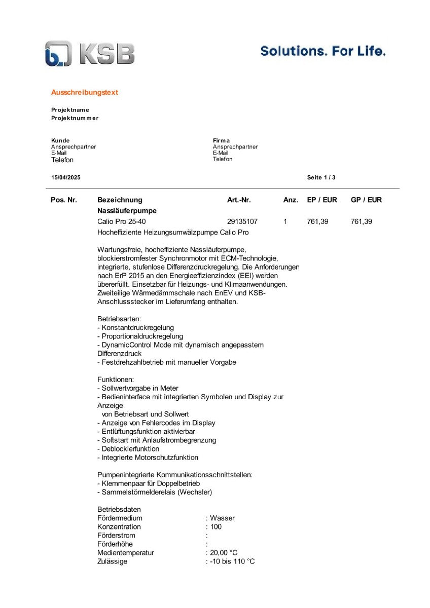 KSB Calio Pro 25-40 Nassläuferpumpe 1x230V G 1 1/2