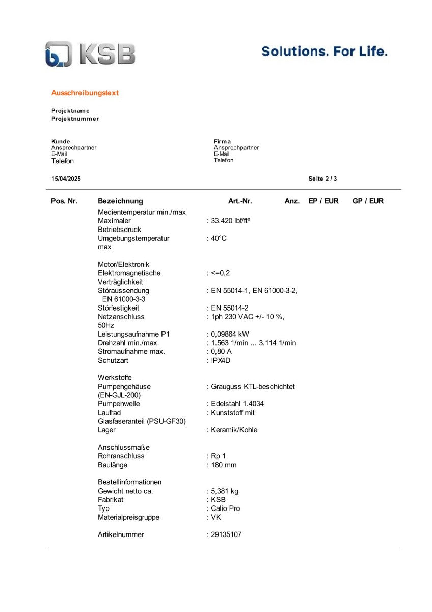 KSB Calio Pro 25-40 Nassläuferpumpe 1x230V G 1 1/2