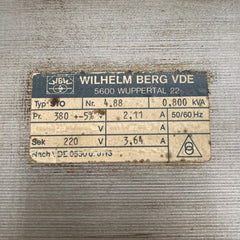Wilhelm Berg STO Transformator Nr. 4.88 380V -  220V 800VA Trafo  T10/217