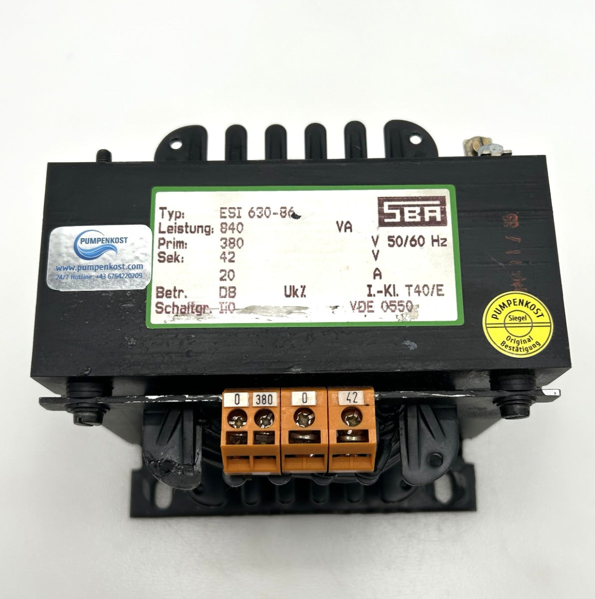 SBA Transformator ESI 630-86 840 VA 380 V sec 42 V 20 A TRAFO T9/479