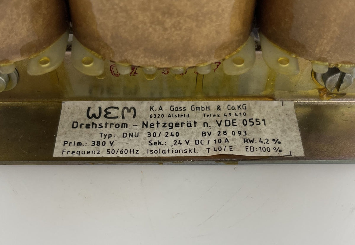 WEM Transformator DNU 30/240  Trafo Netzgerät  pri.3x380V  sek.24V DC  10 A  T9/1028