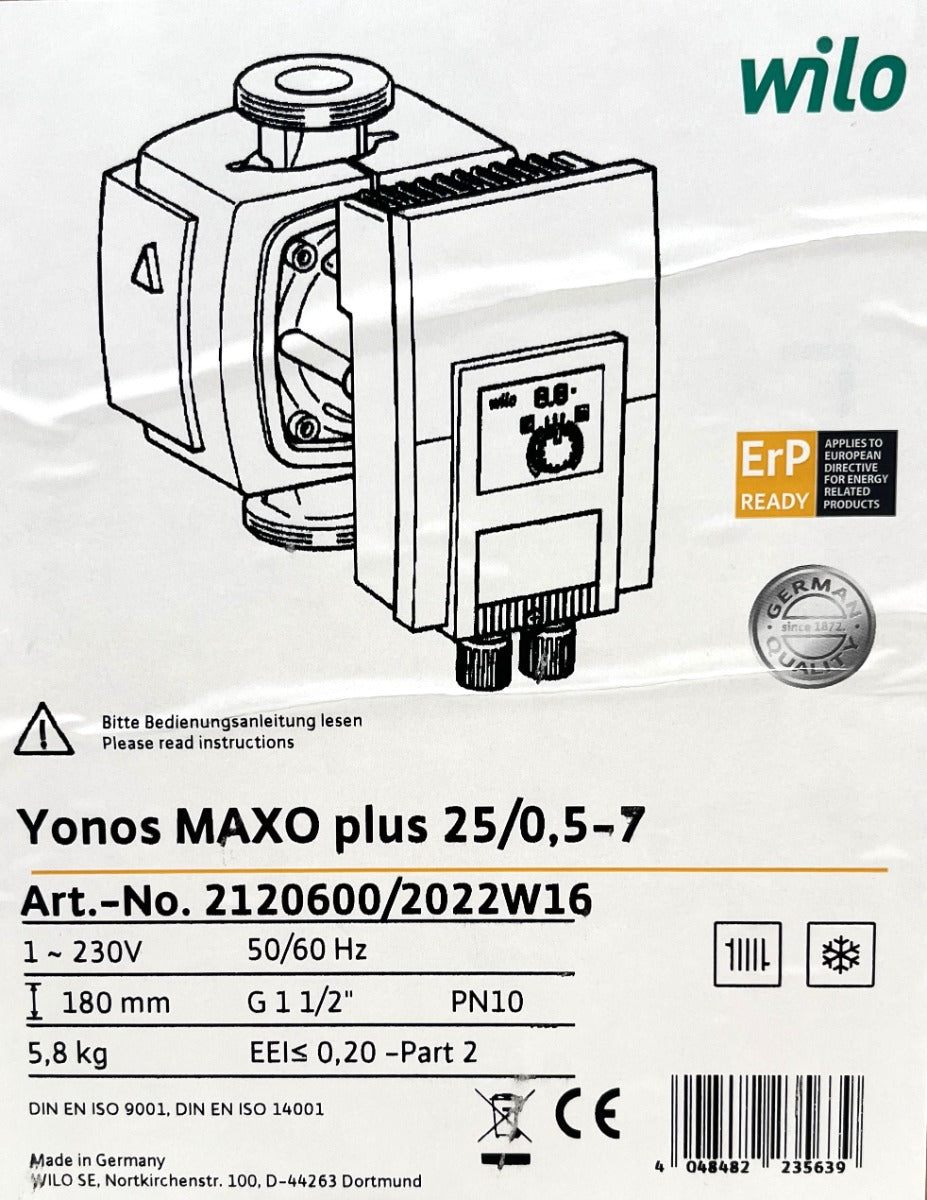 Wilo Yonos MAXO plus 25/0,5-7 Heizungspumpe 1x230V Hocheffizienzpumpe 180mm  P22/17