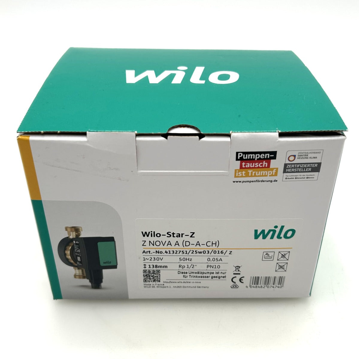Wilo Star-Z NOVA A PN10 Trinkwasser Zirkulationspumpe 138mm Artnr: 4132751 230V G 1/2 Zoll P25/18
