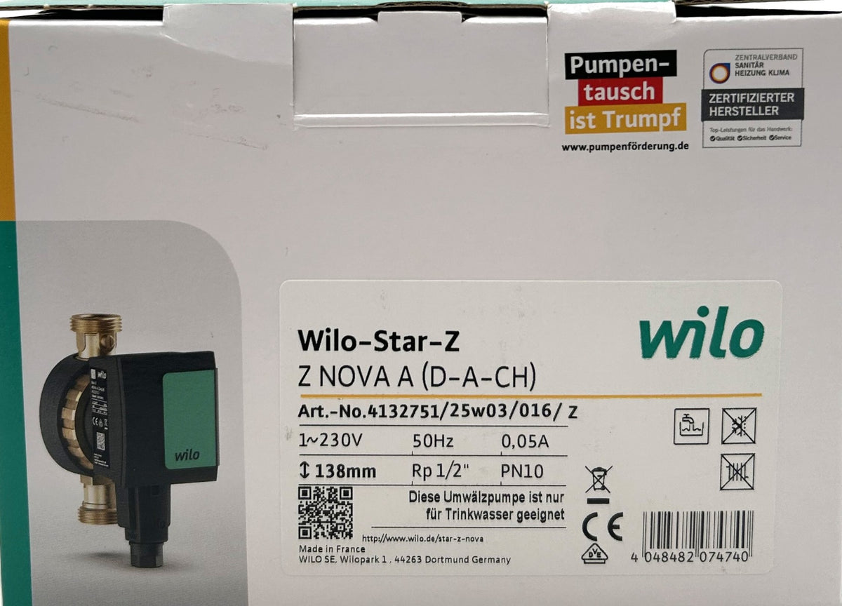 Wilo Star-Z NOVA A PN10 Trinkwasser Zirkulationspumpe 138mm Artnr: 4132751 230V G 1/2 Zoll P25/18