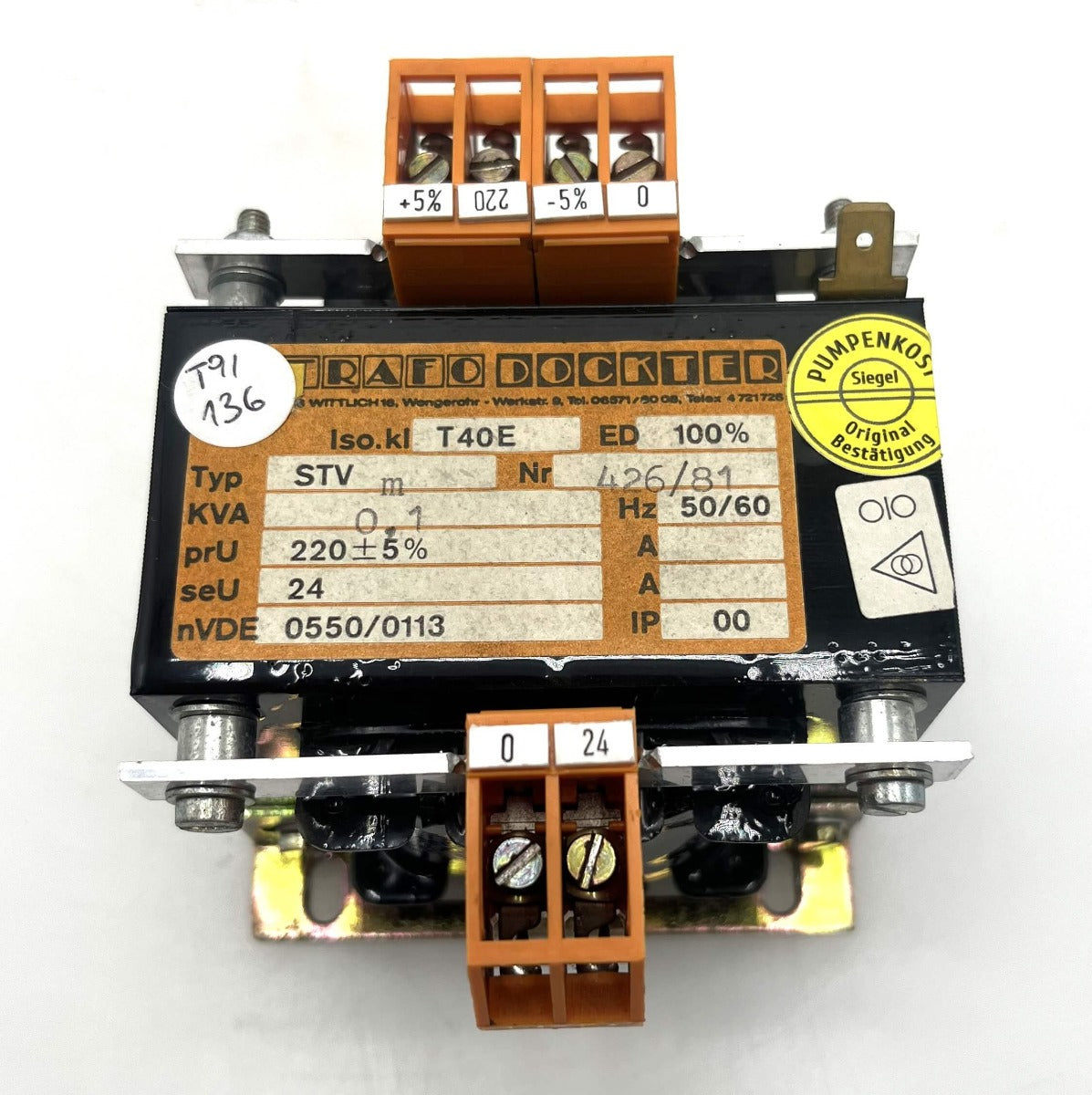 Dockter STV Transformator 209–230V → 24V 100VA Sicherheitstrafo  T9/136