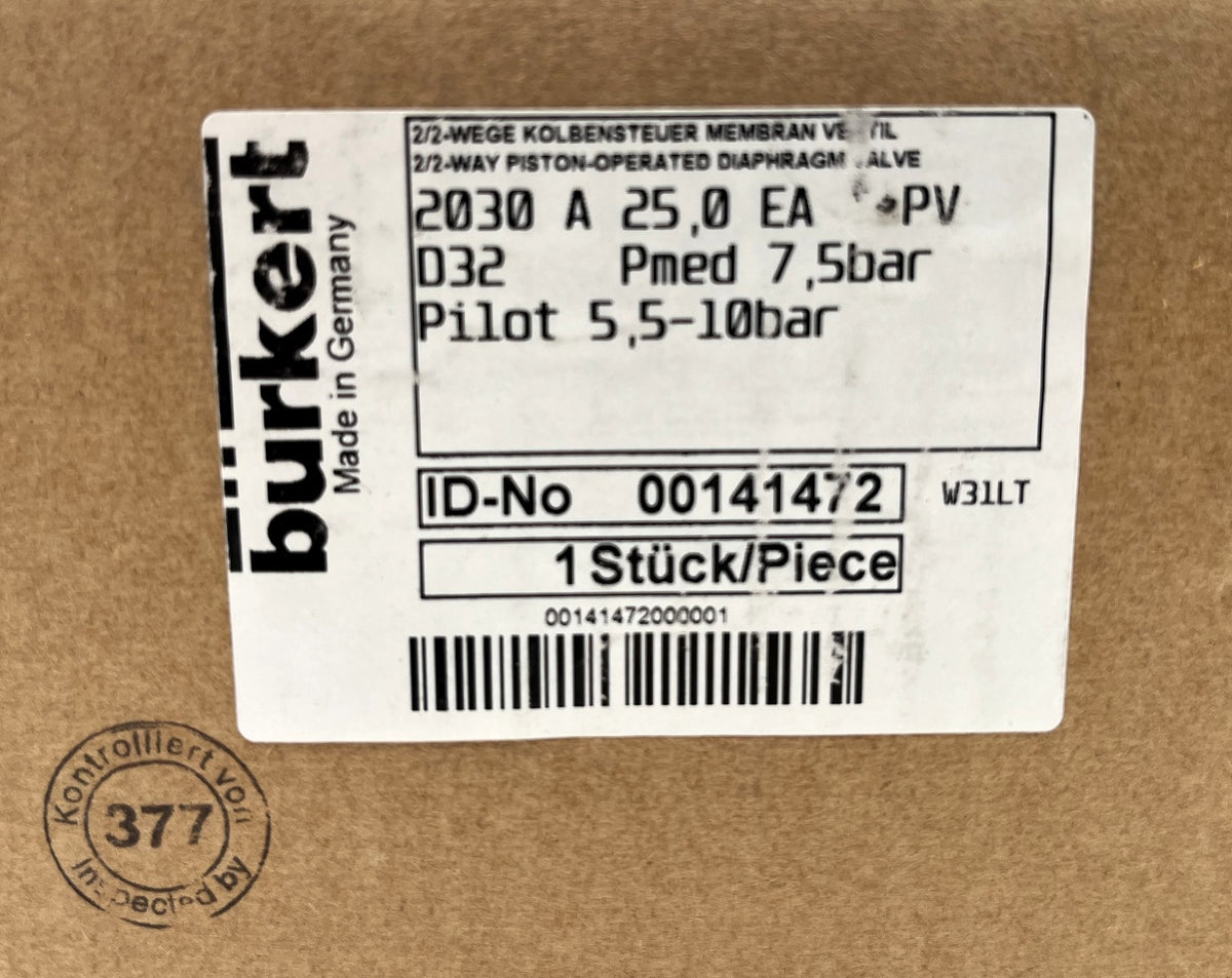 Bürkert 2/2-Wege Kolbensteuer Membran Ventil  00141472   5,5-10 bar  S/N 1461 P13/1242
