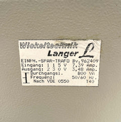 Langer Spartransformator BV.962409 115V → 230V 800VA Einphasen Trafo T9/180
