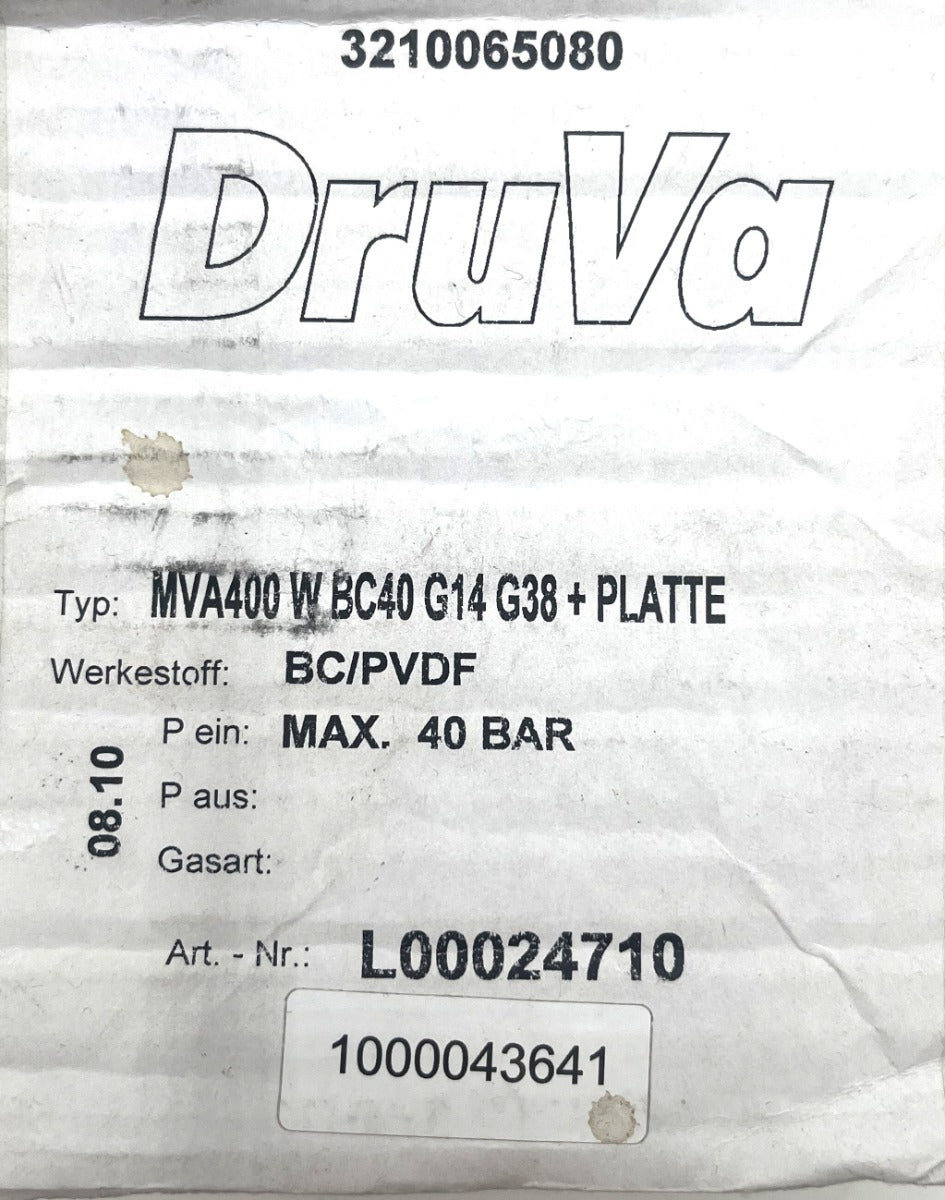 DruVa Regler  MVA400 W BC40 G14 G38 + Platte  L00024710 Absperrventil Gas 40 bar S14/262