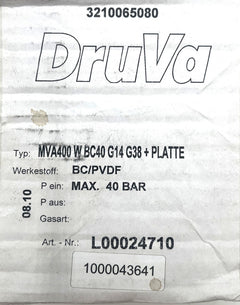 DruVa Regler  MVA400 W BC40 G14 G38 + Platte  L00024710 Absperrventil Gas 40 bar S14/262