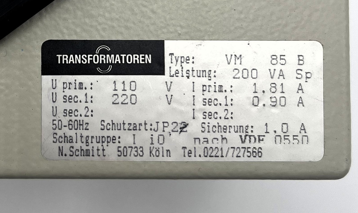 Transformatoren Schmitt VM 85 B Trafo pri 110V sec 220 V 200VA    T10/186