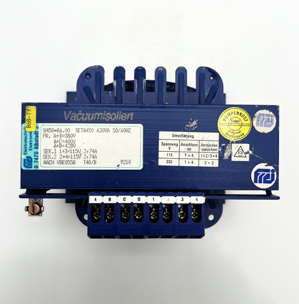 Gebrüder Frei SETB450 Trafo pri 380 400 420V sec 2x115V 230V 630VA   T10/192