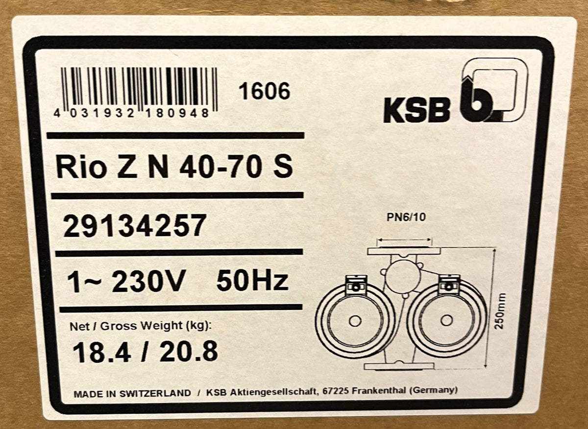 KSB RIO Z N 40 -70 S Doppelpumpe 1x230V Heizungspumpe 250mm P16/59