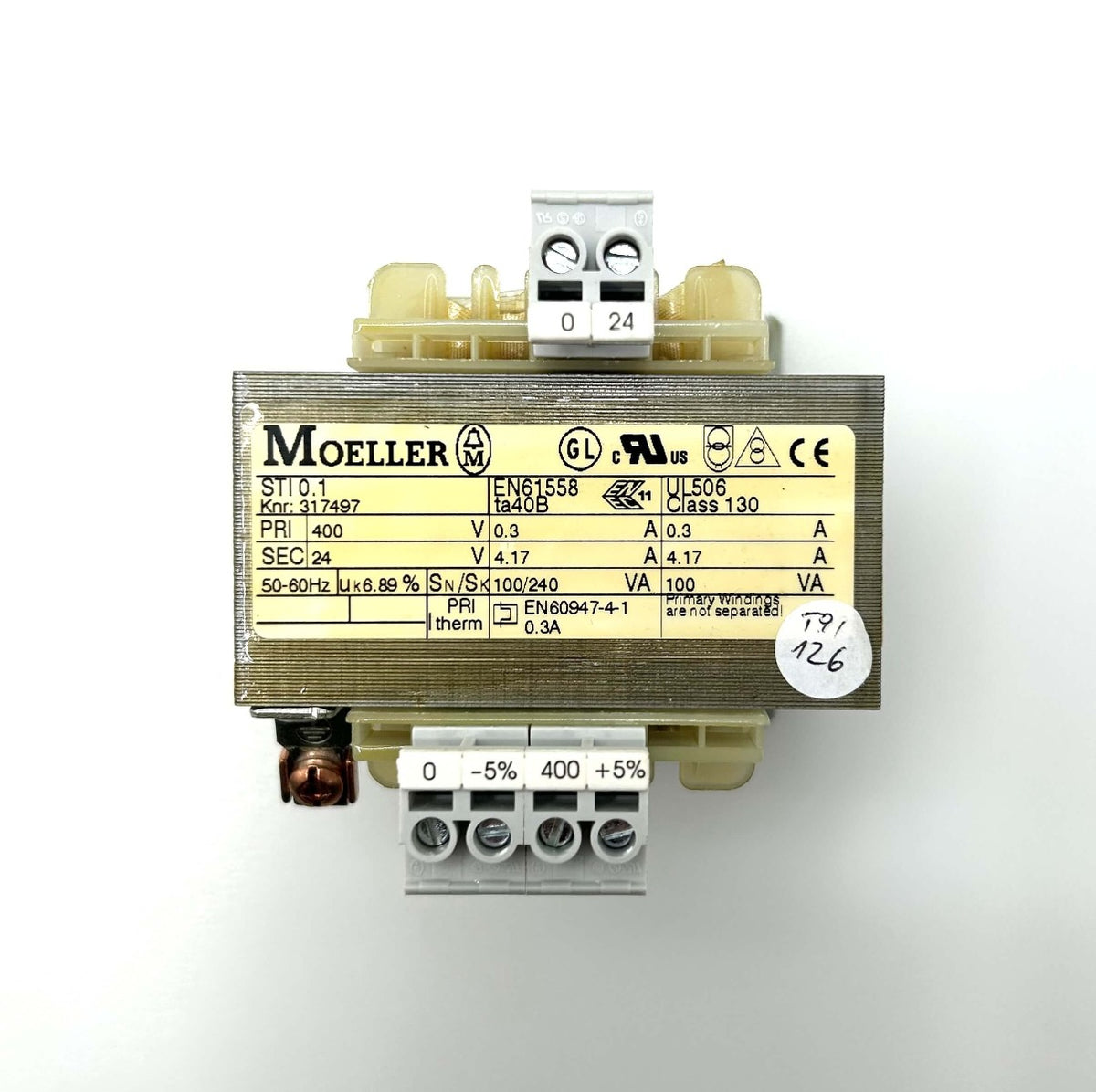 Moeller Trafo 400V auf 24V 100VA Steuertransformator STI 0,1 T9/126