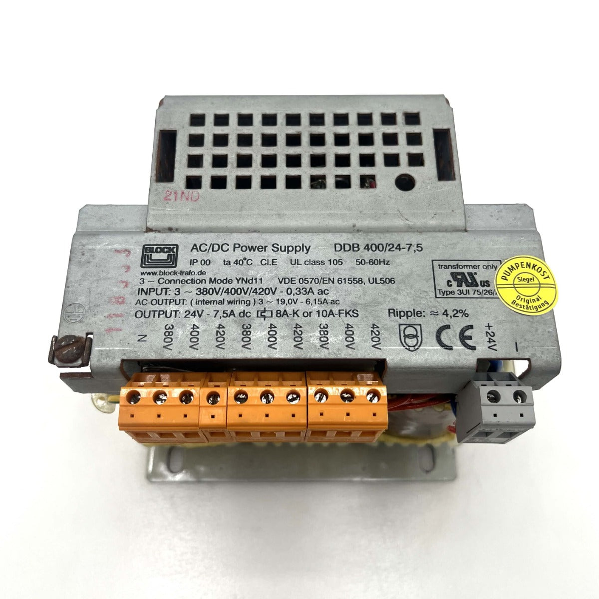 Block DDB400/24-7,5 Transformator 3x380/400/420 V auf 24 V DC 7,5 A T9/273