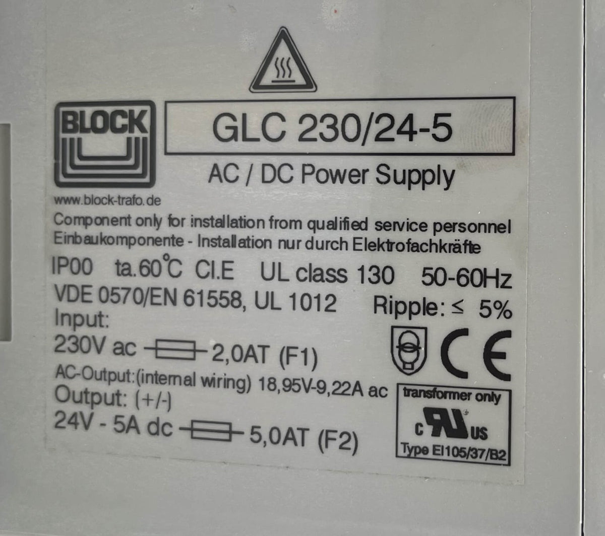 Block GLC 230/24-5 Transformator  230 V auf 24 V DC 5 A T9/274