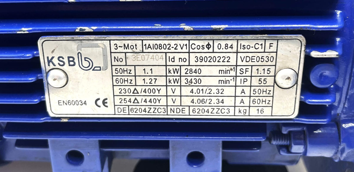 KSB 1AI0802-2 V1 1,1 kW 3E07404 Pumpenmotor P13/485