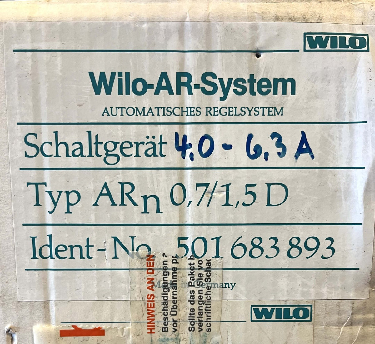 Wilo-AR-System ARn 0,7/1,5 D Regelgerät Regelsystem P9/910