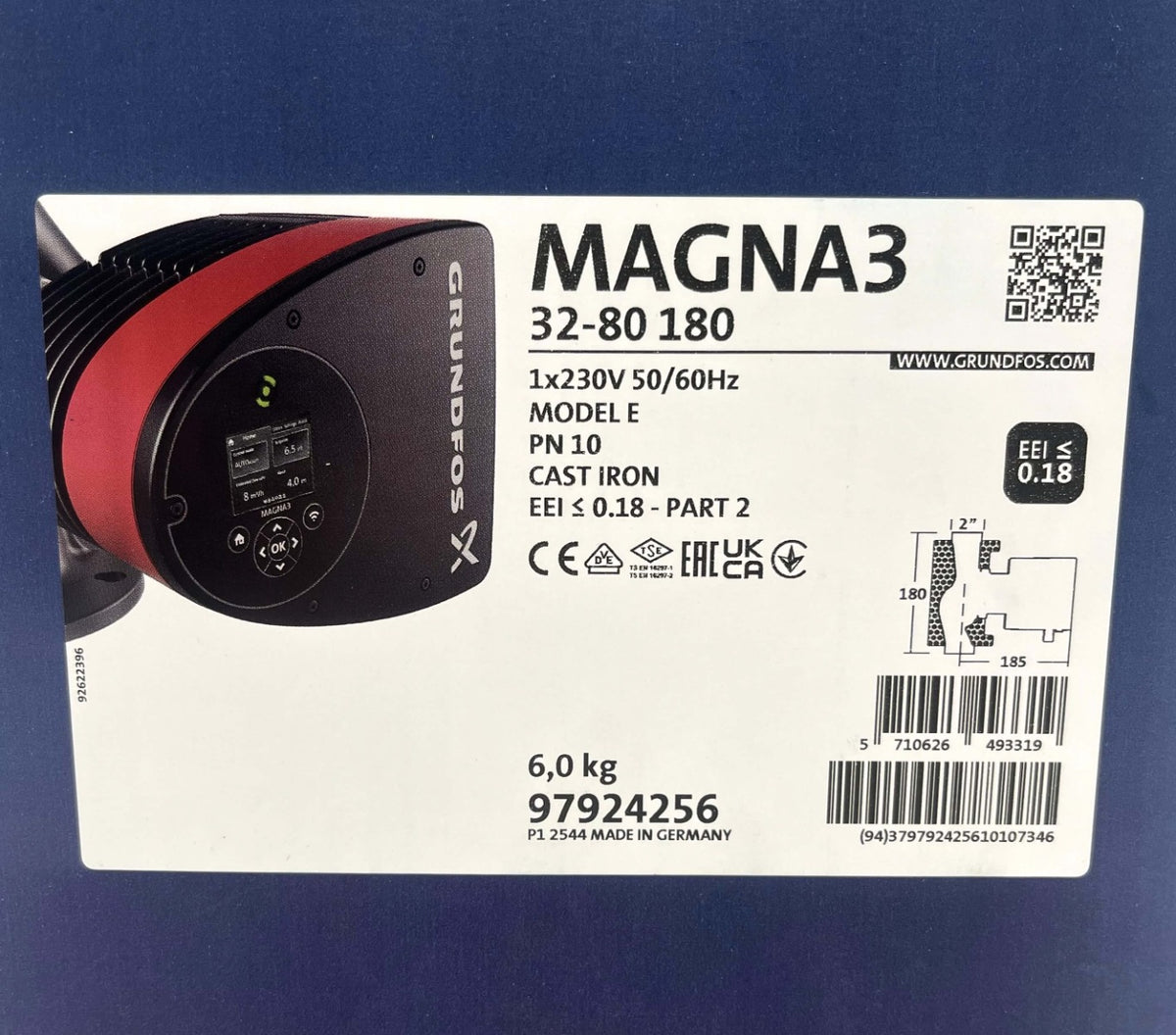 Grundfos Magna3 32-80 180mm Heizungspumpe 1x230V PN10 Energiesparpumpe P26/18