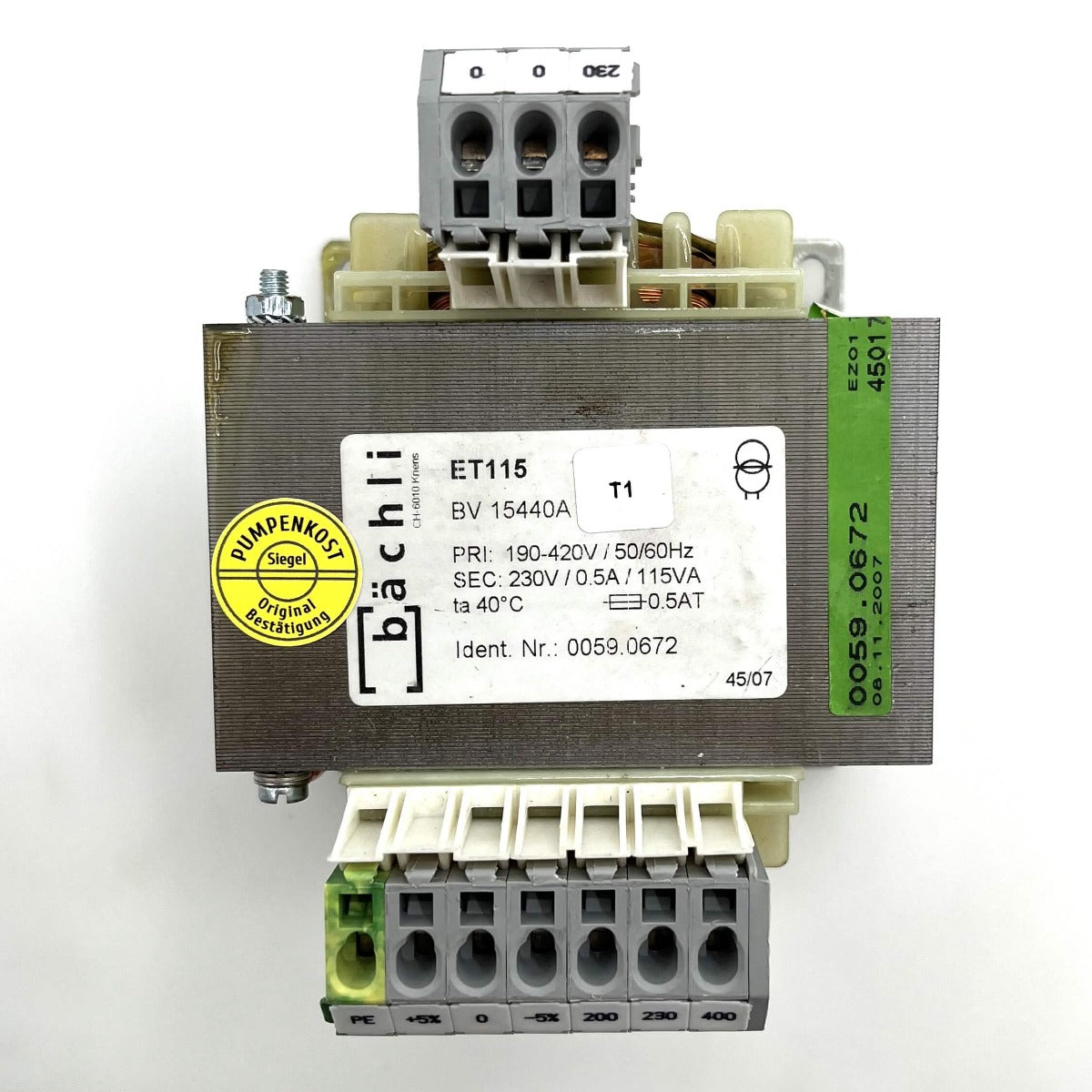 Bächli Trafo BV15440A Pri 190-420V sek 230 V 115 VA Transformator T9/229