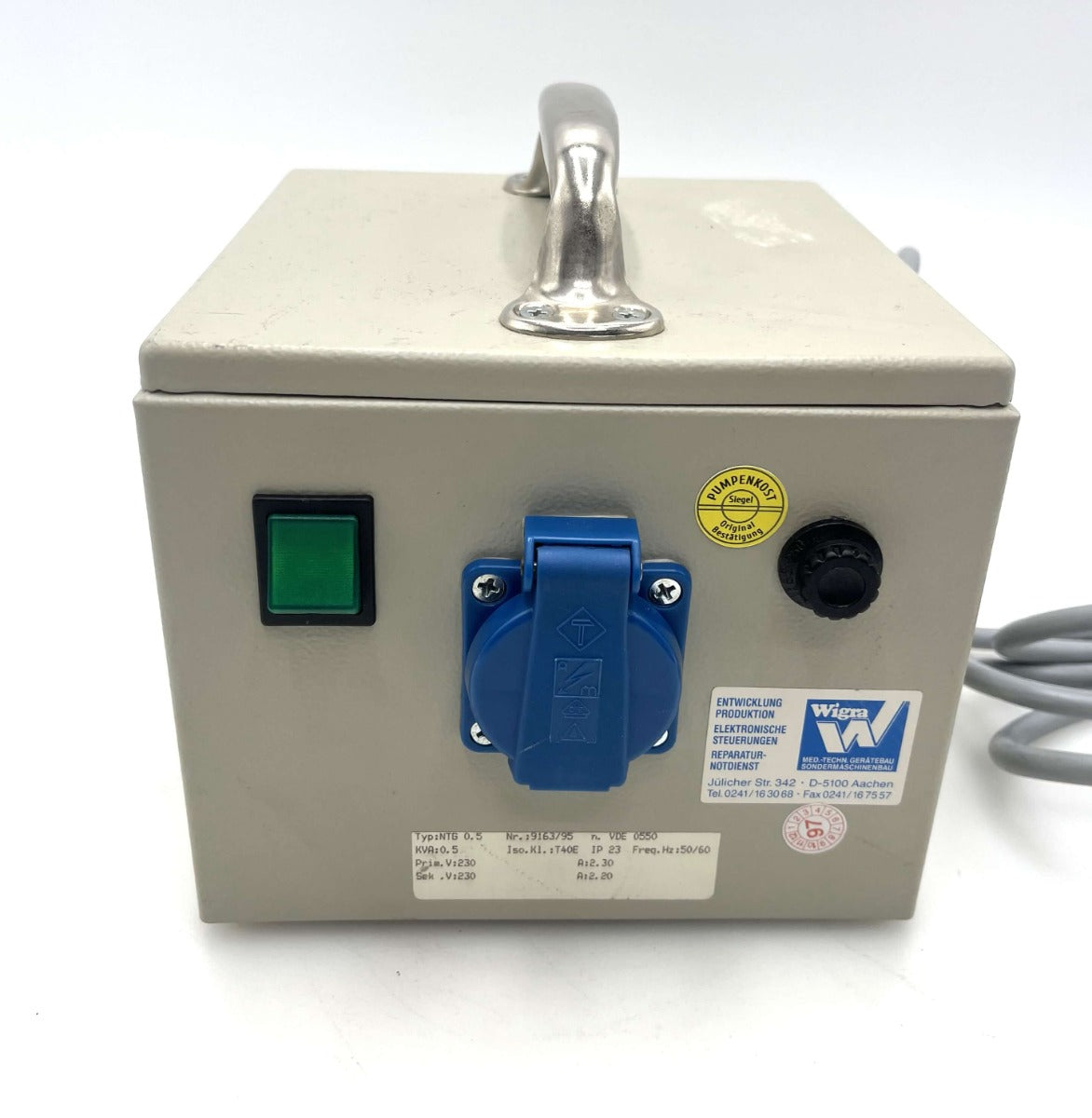 Wigra NTG 0,5 Transformator 500 VA 230V/230V mit Netzschalter und Handgriff T9/326