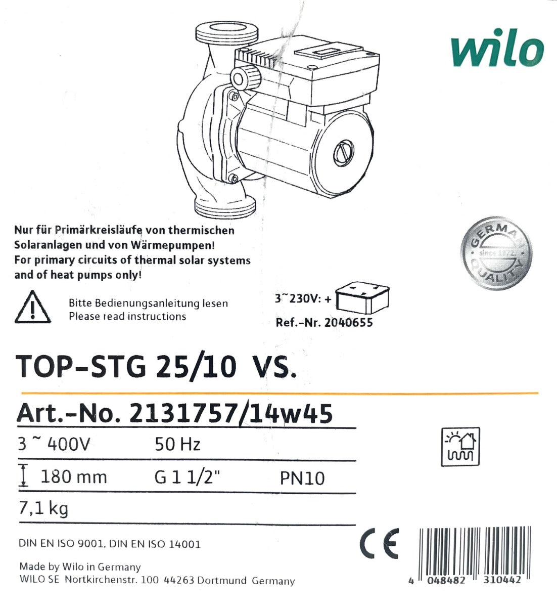 Wilo TOP-STG 25/1-10 Solarpumpe 3×400V Umwälzpumpe Heizungspumpe 180mm  P23/12