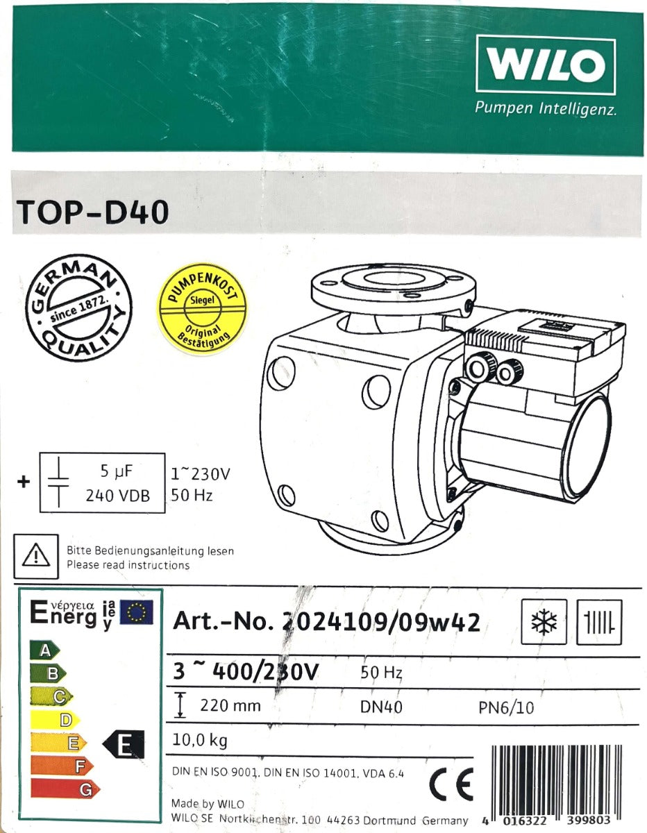 Wilo TOP-D 40 Umwälzpumpe 3x400V Heizungspumpe 220mm PN6/10 P12/428