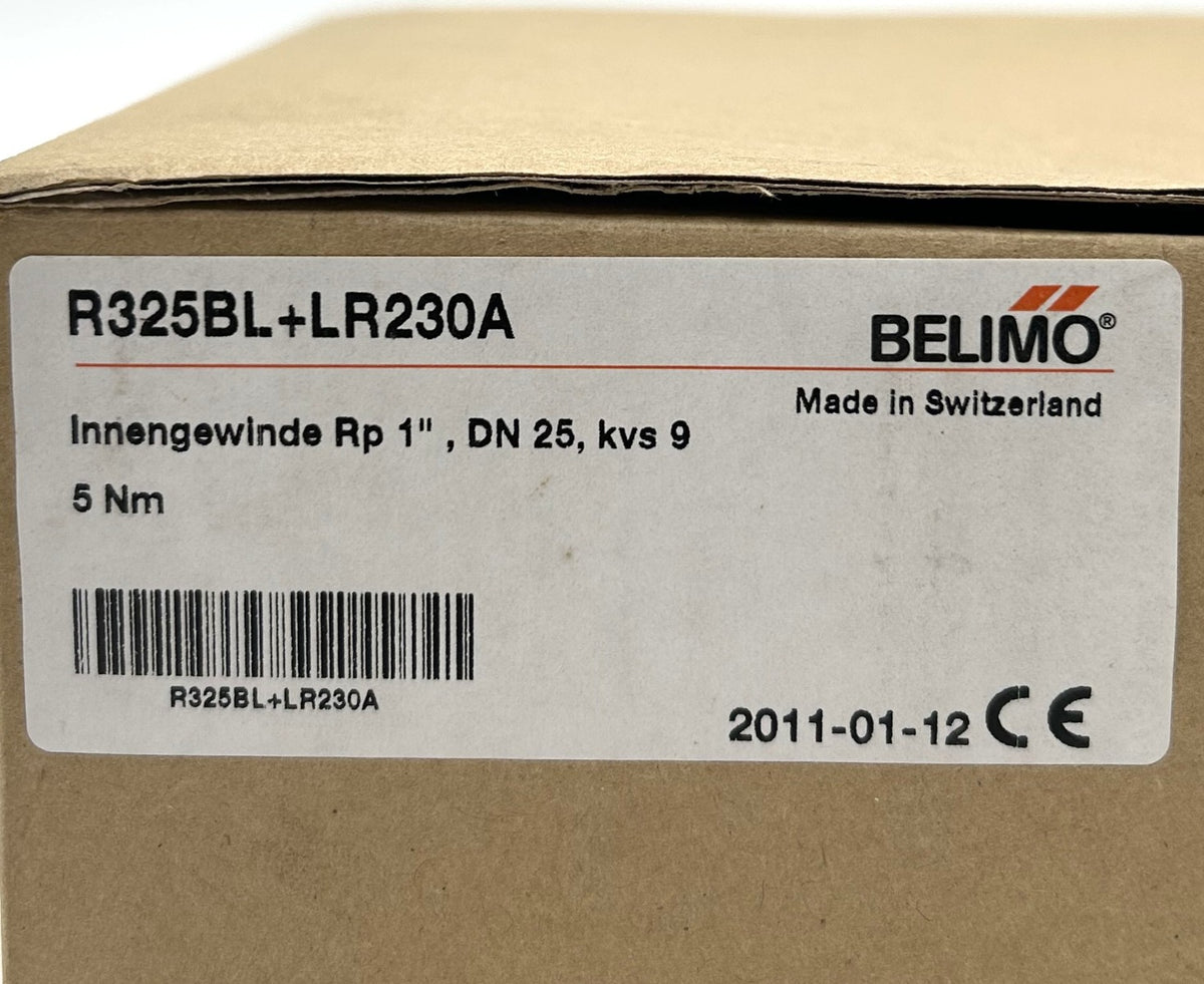 Belimo R325BL 3-Wege-Kugelhahn mit Innengewinde & LR230A Drehantrieb, 5 Nm, AC 100–240 V, Auf-Zu K18/443