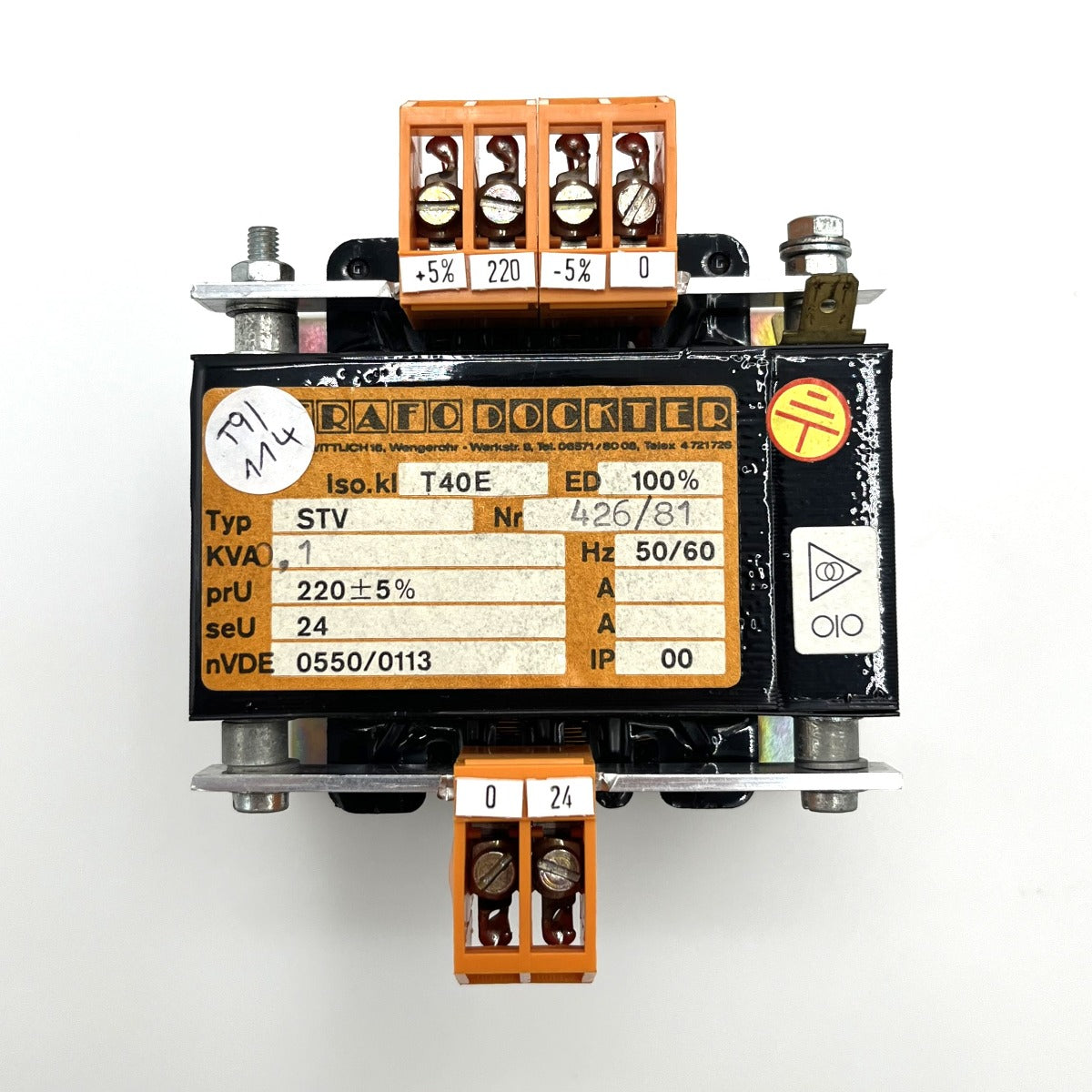 Trafo Dockter STV pri 202 V 220 V 230 V sec 24 V 100 VA   T9/114