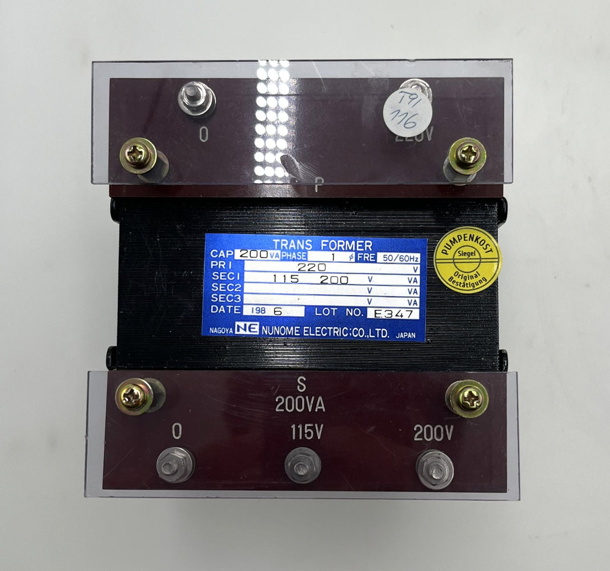 Trafo Nunome  pri 220 V sec 115, 200 V  200 VA  T9/116