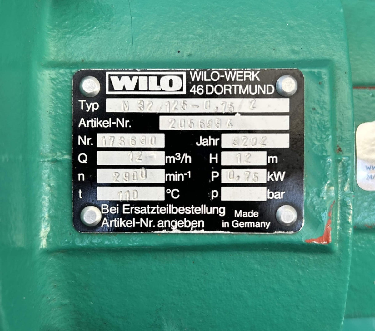 Wilo N32/125 - 0,75 / 2 Kreiselpumpe 3x400 V Grundplattenpumpe P21/21