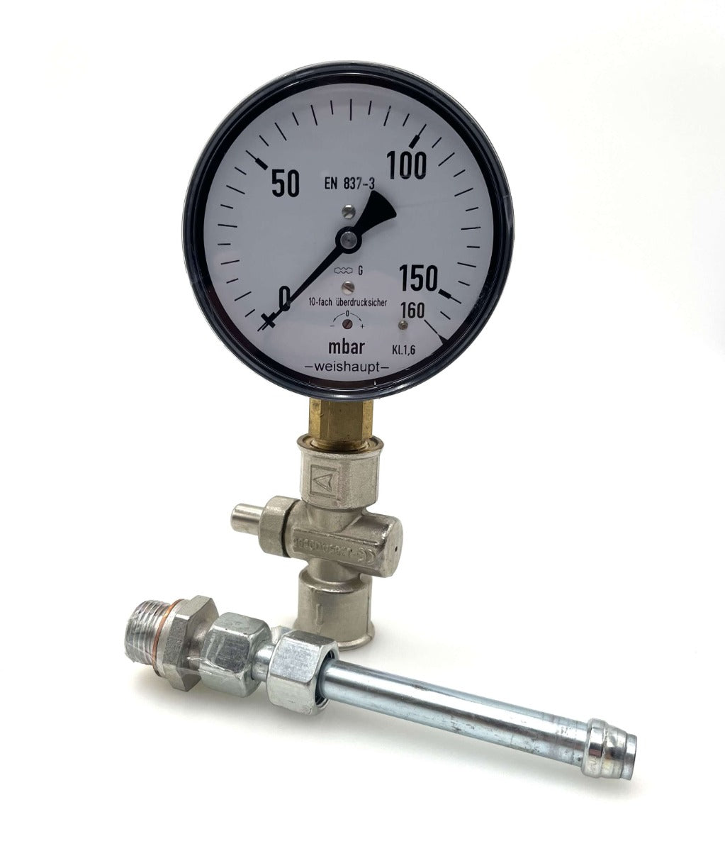 Weishaupt Druckmanometer 160 mbar mit Manometerhahn & Adapterstück – EN 837-3