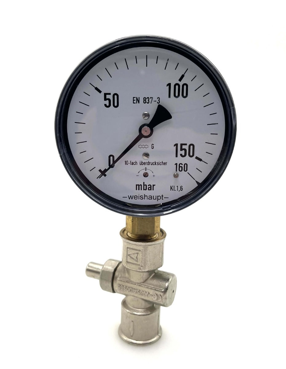 Weishaupt Druckmanometer 160 mbar mit Manometerhahn & Adapterstück – EN 837-3