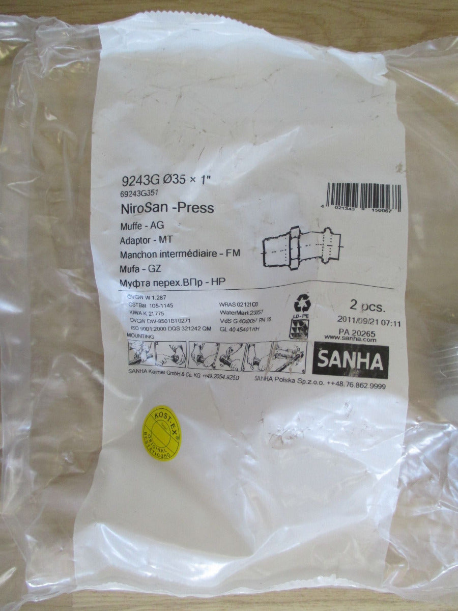 Sanha NiroSan Muffe Press AG 35 x 1 Zoll Übergangsnippel Edelstahl K17/22