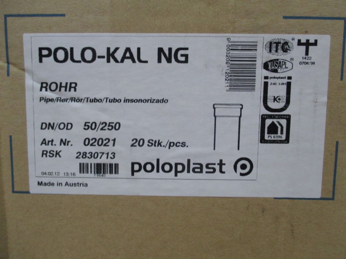 Muffenrohr HT Rohr DN 50 x 250 mm Polo - Kal NG PVC PUMPENKOST K17/625
