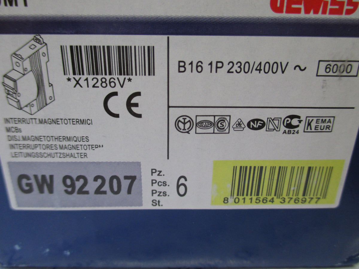 Leistungsschutzschalter Gewiss 90 MT B16 1P Schalter 230/400V K18/155