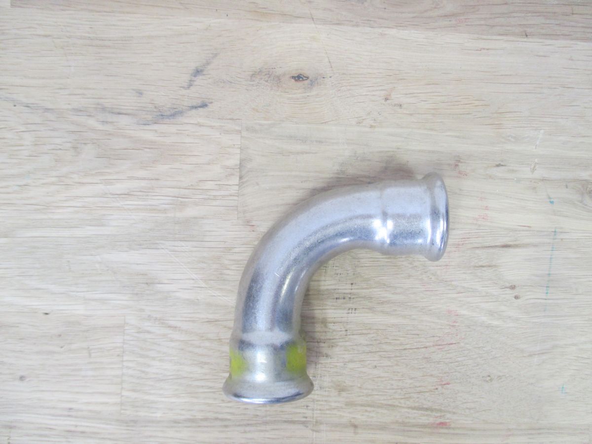 Bogen Edelstahl 28mm 90° 2 Muffen DVGW geprüft GT/5 PN5 Gasfitting Gelb K18/239