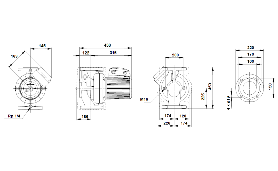 Grundfos UPS 100 - 30 / 4F Heizungspumpe 3x400V Umwälzpumpe 450mm P21/65