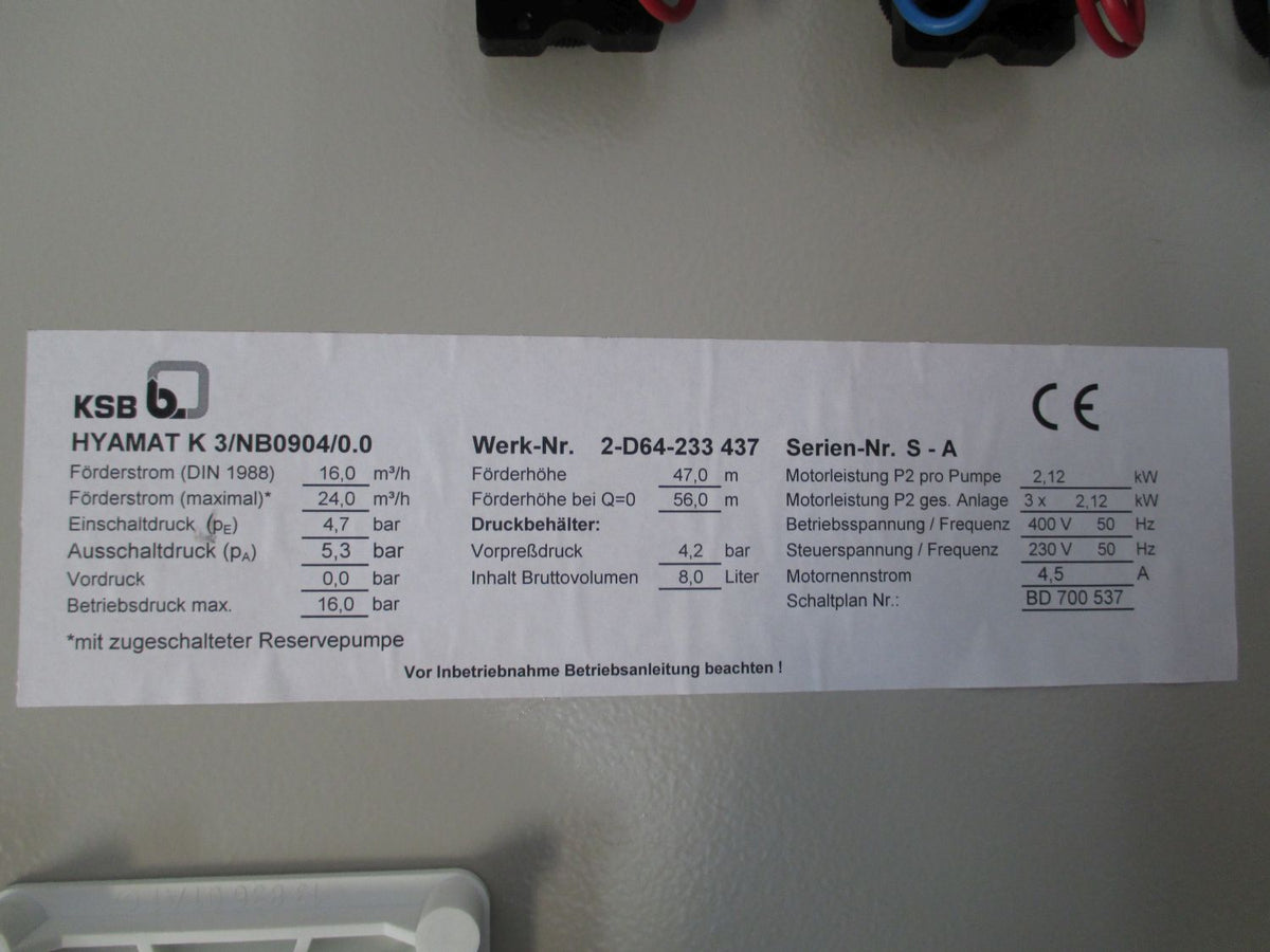 KSB Schaltschrank Hyamat K3/NB0904/0.0 Steuerung 400 / 230 V S16/349