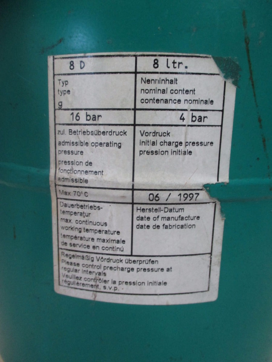 Druckausdehnungsgefäß Druck Behälter Stickstoff 8 D 8ltr für Trinkwasser S17/20
