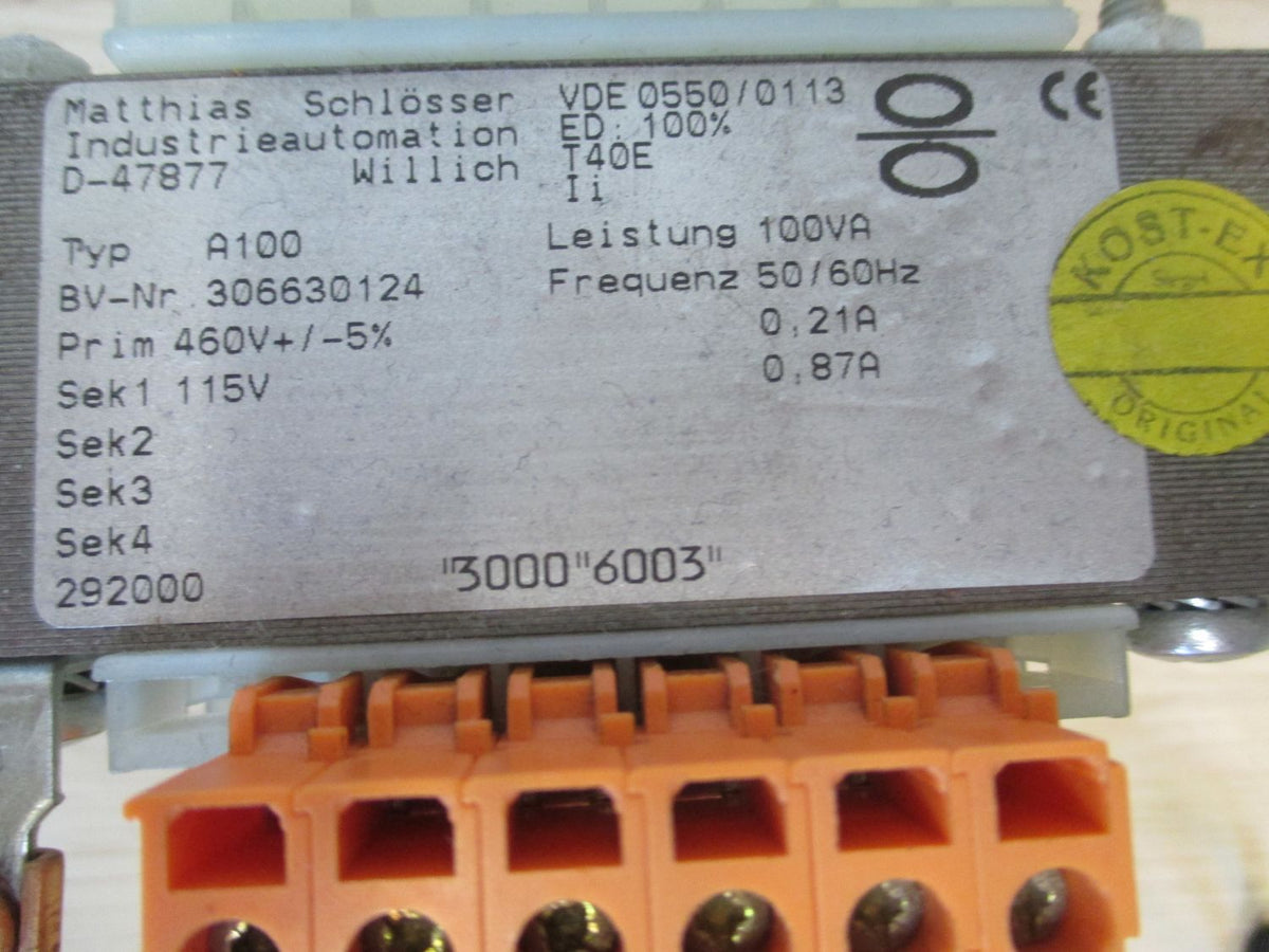 Tranformator Schlösser A 100 pri 460 +- 5% sek 115 V 0,87A 100 VA KOST-EX T16/2
