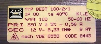 BLOCK BEST 100/2/1 Trafo Pri. 220V Sec 12V 100VA   T9/357