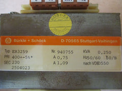  Trafo Bürkle ER3259 pri 400 V AC ± 5% sek 230 V 1,09 A 250 VA KOST-EX T9/614