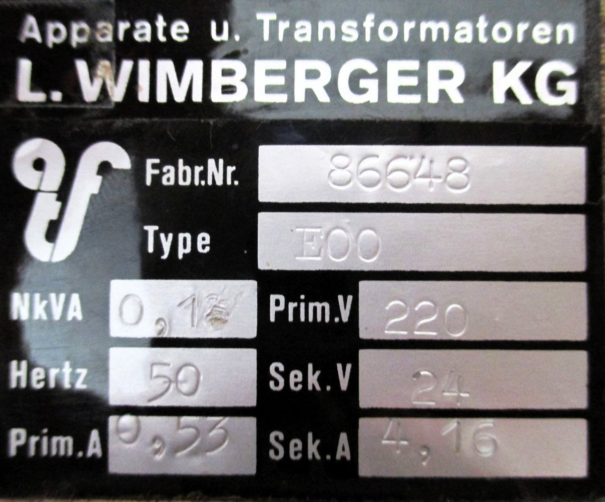 Wimberger E00 Transformator  pri 220 V sek 24 V 4,16 A 130 VA T9/618